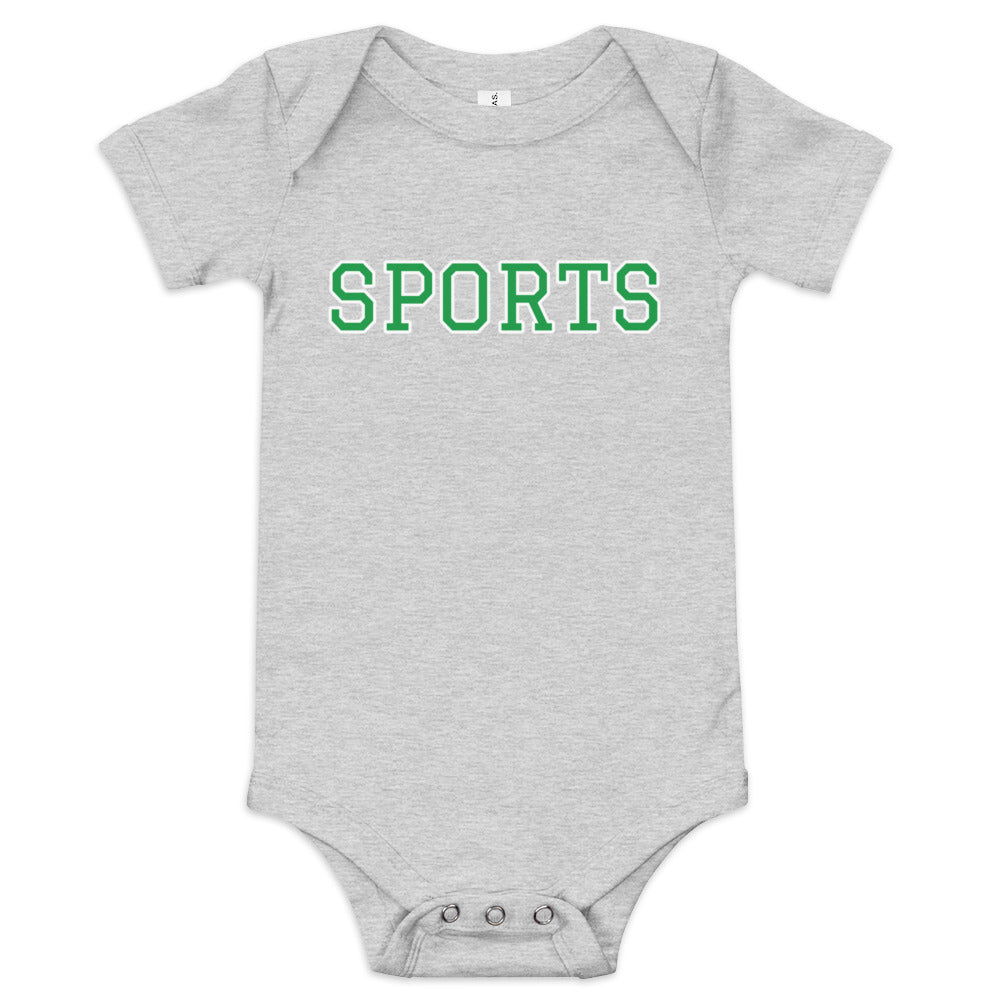 grey baby onesie with SPORTS text across the front, in boston celtics green