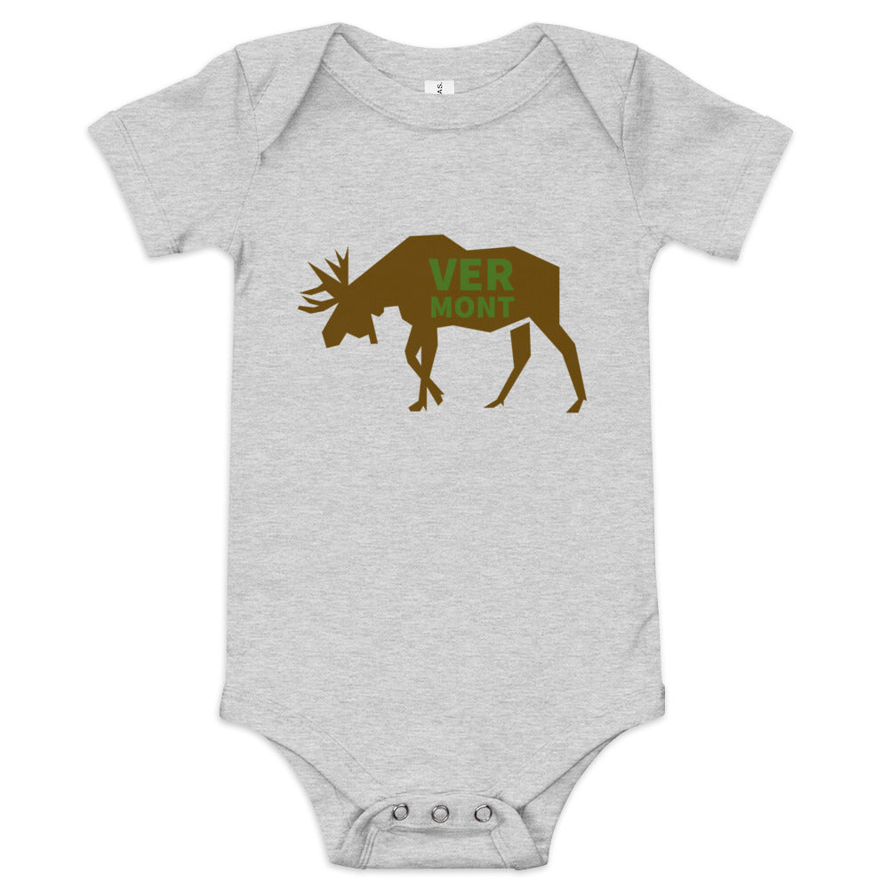 light grey Onesie wit the text VERMONT on a moose