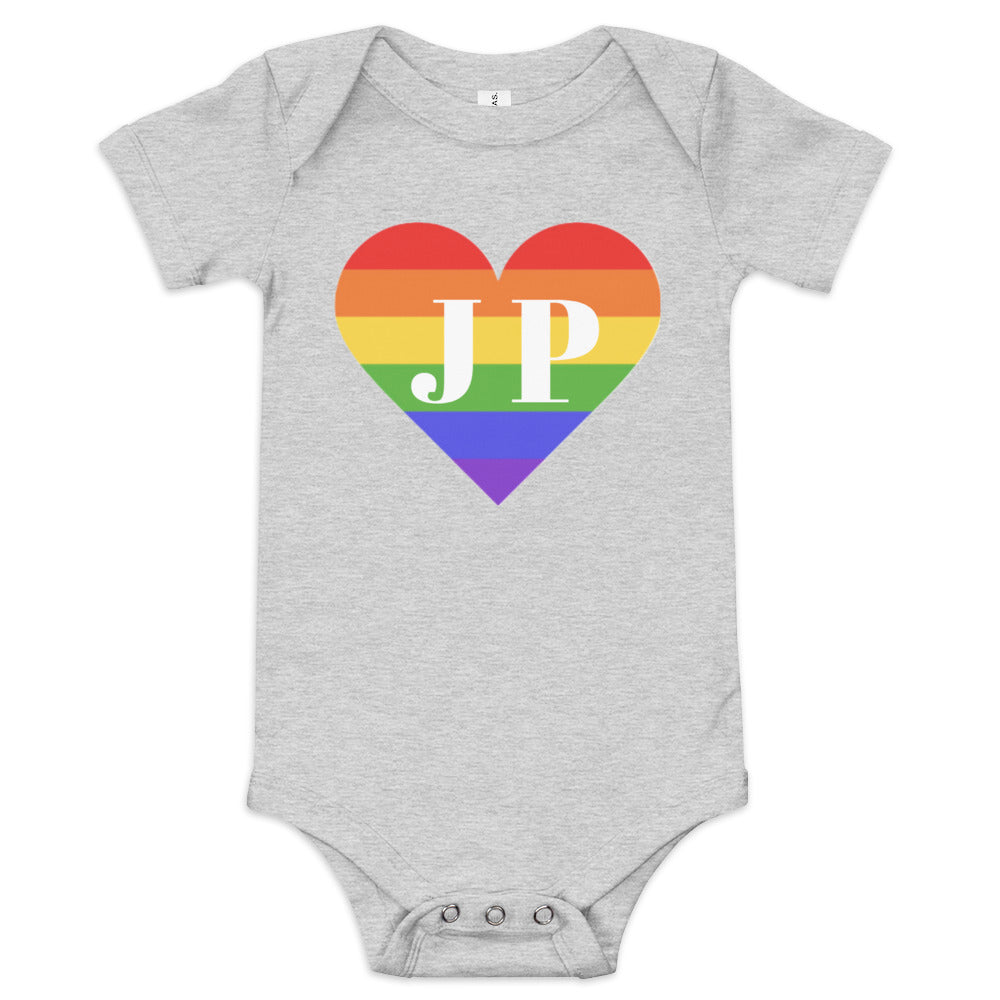Jamaica Plain "JP" written over rainbow heart, baby onesie, grey