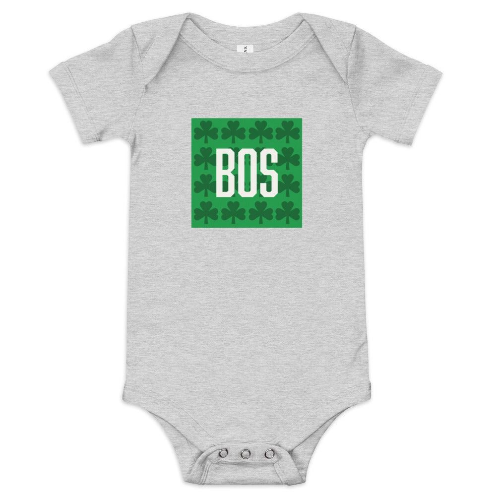 Boston "BOS" Baby onesie with green shamrocks, grey