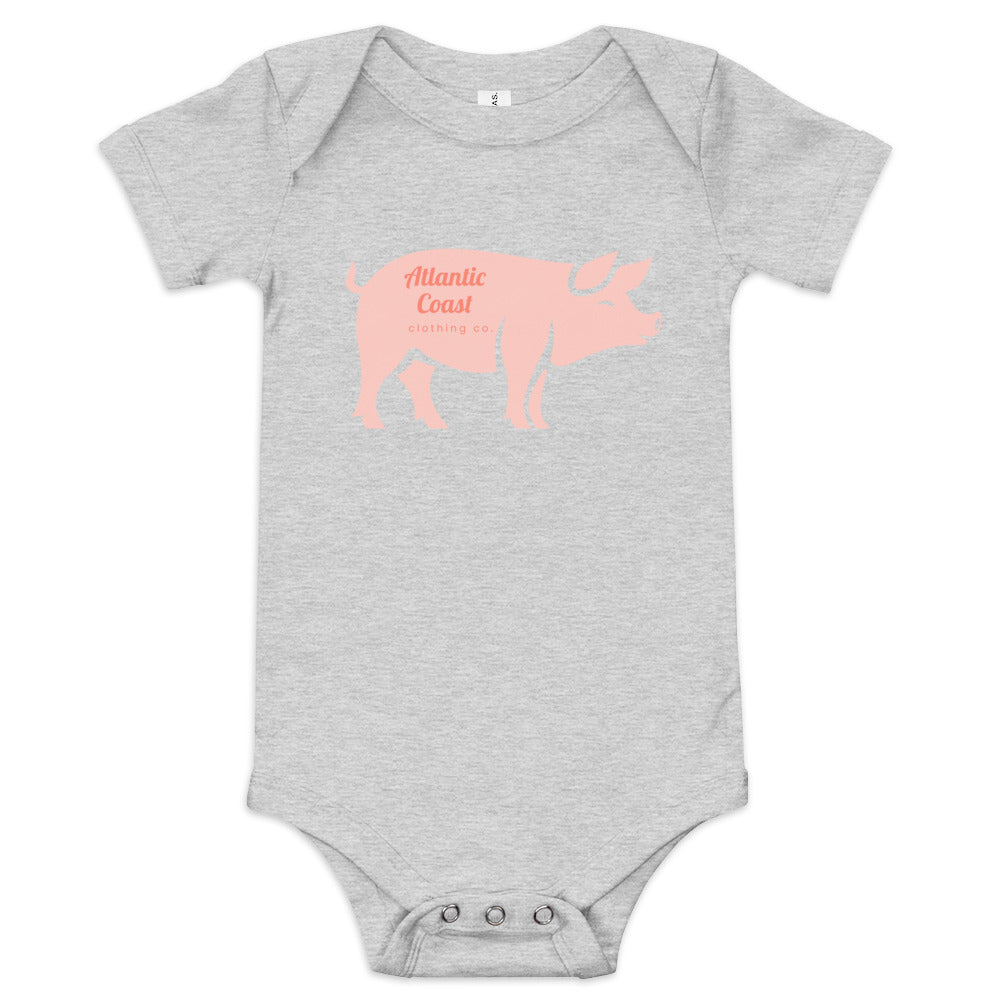 baby onesie with pink pig on the front, grey