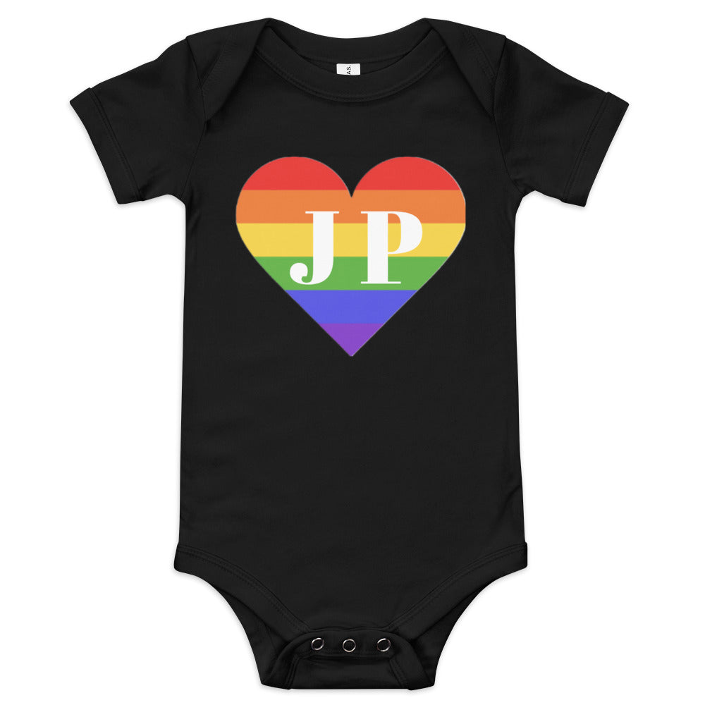 Jamaica Plain "JP" written over rainbow heart, baby onesie, black