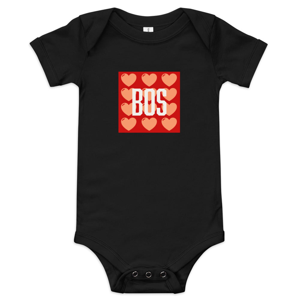 Boston "BOS" Love Baby Onesie -black with pink/red hearts