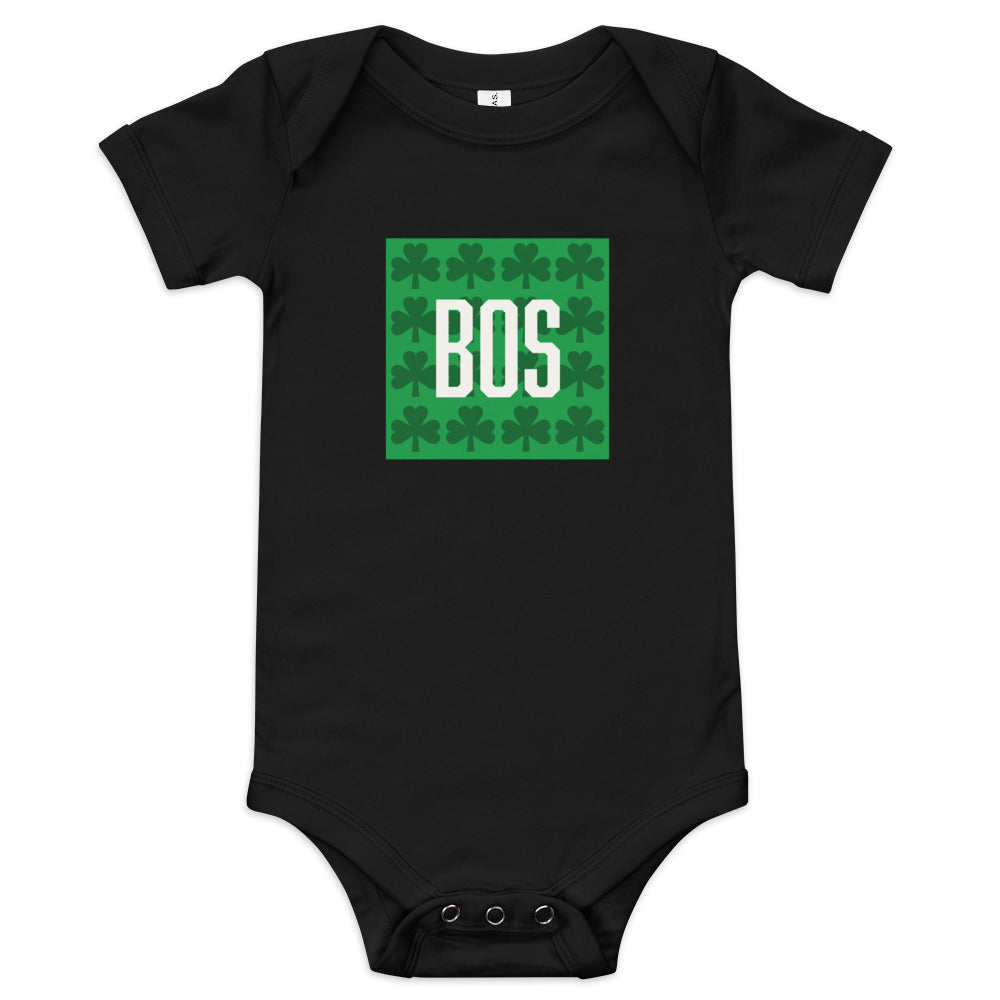 Boston "BOS" Baby onesie with green shamrocks, black
