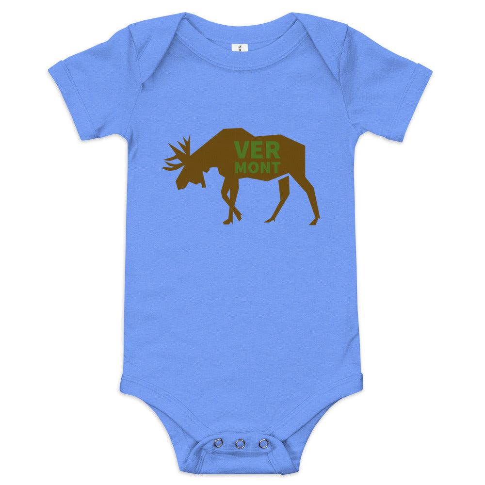 blue Onesie wit the text VERMONT on a moose