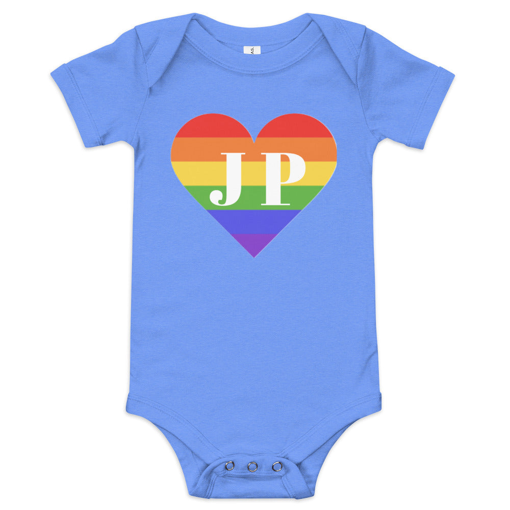 Jamaica Plain "JP" written over rainbow heart, baby onesie, blue