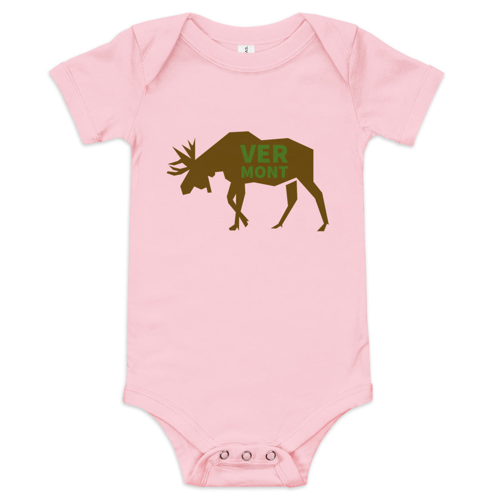 pink Onesie wit the text VERMONT on a moose