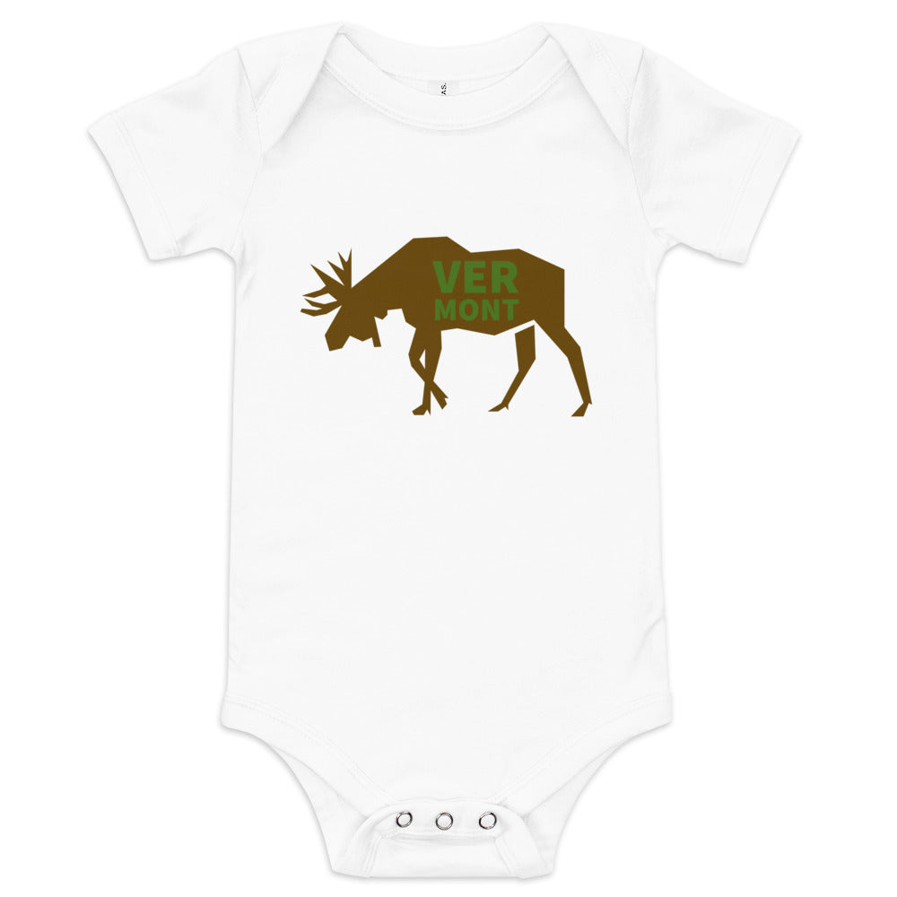 white Onesie wit the text VERMONT on a moose
