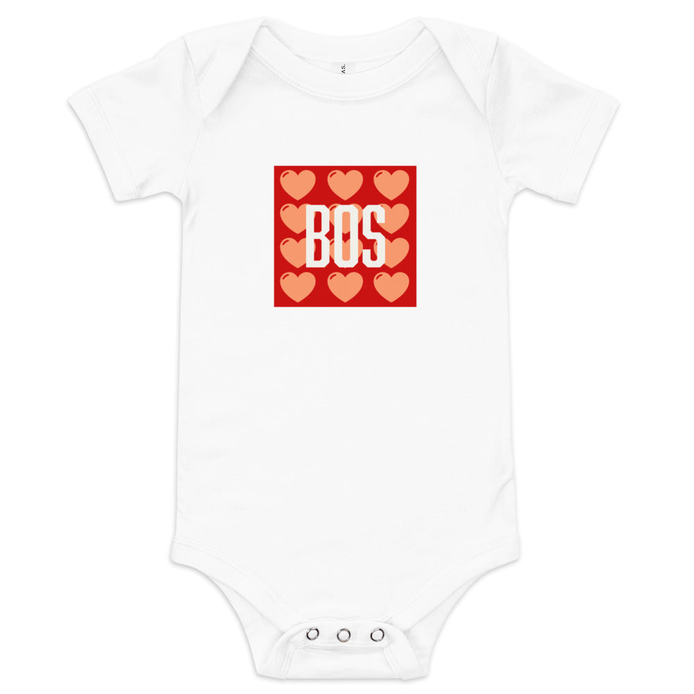 Boston "BOS" Love Baby Onesie -white with pink/red hearts