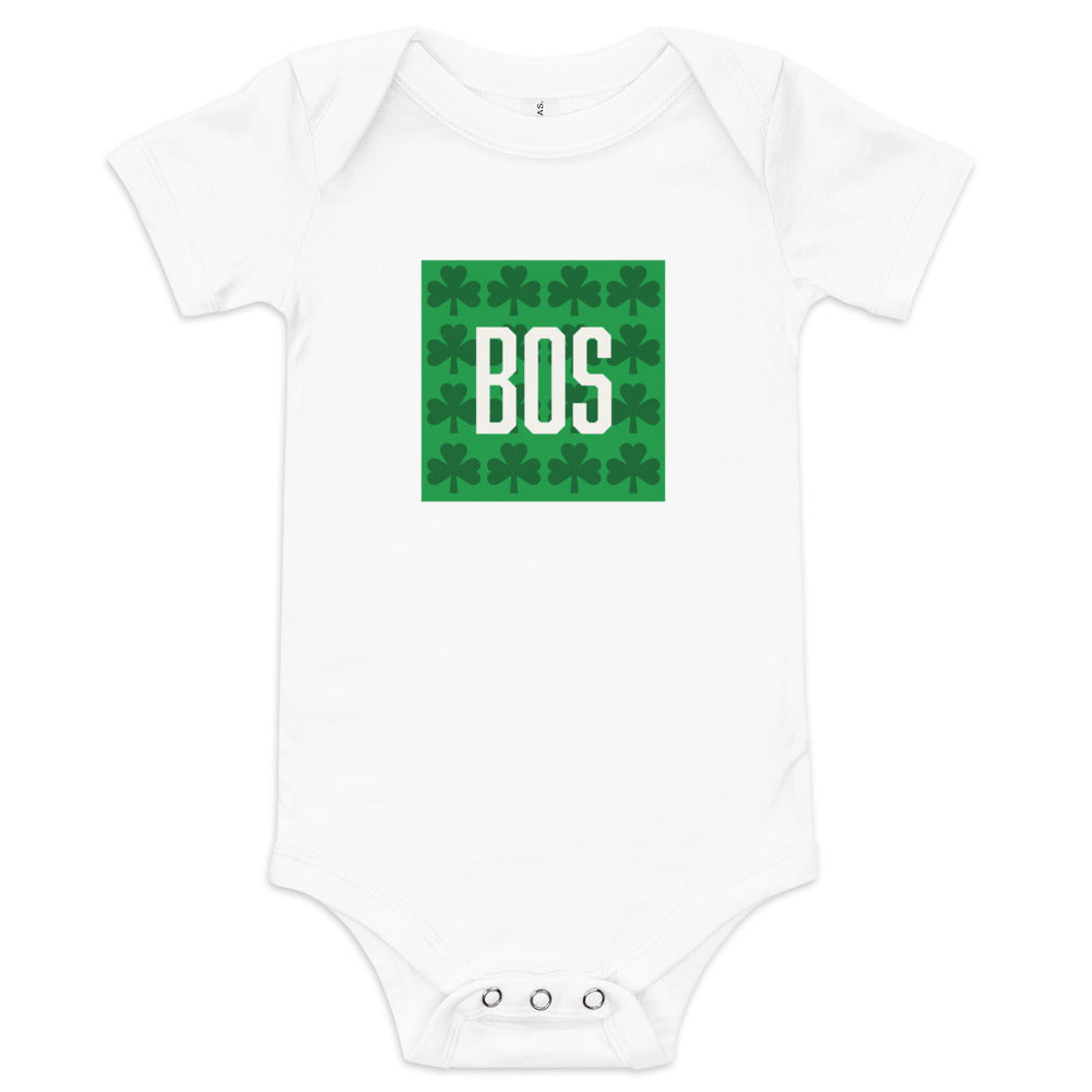 Boston "BOS" Baby onesie with green shamrocks, white