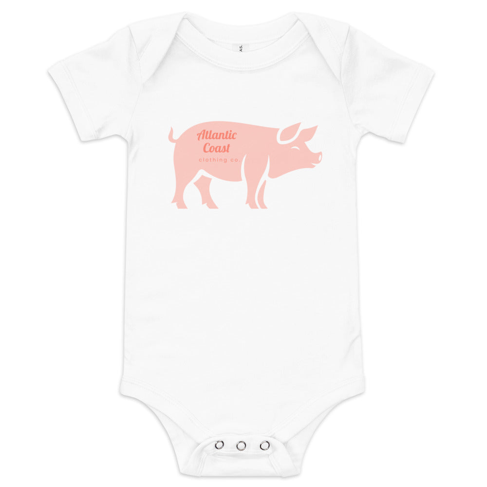 baby onesie with pink pig on the front, white