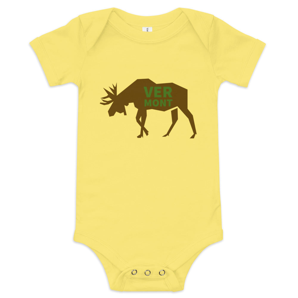yellow Onesie wit the text VERMONT on a moose
