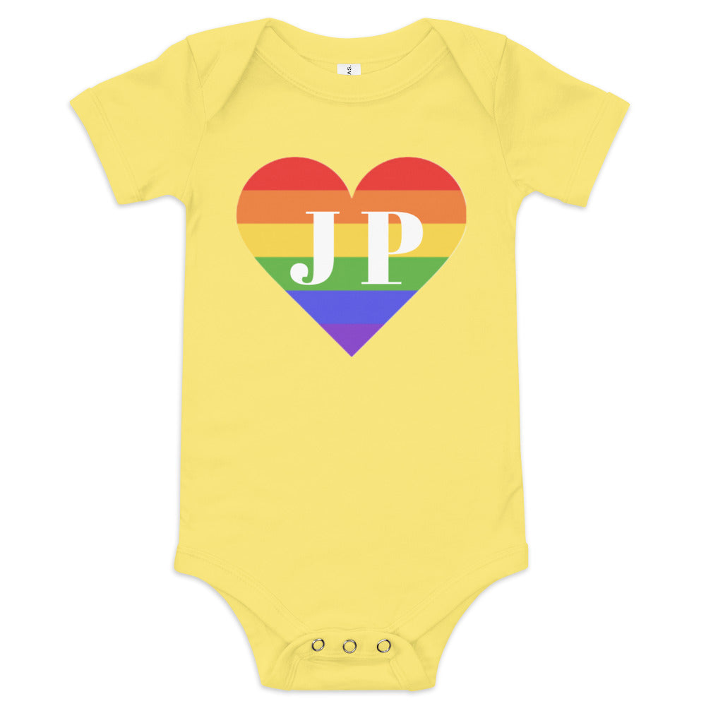 Jamaica Plain "JP" written over rainbow heart, baby onesie, yellow
