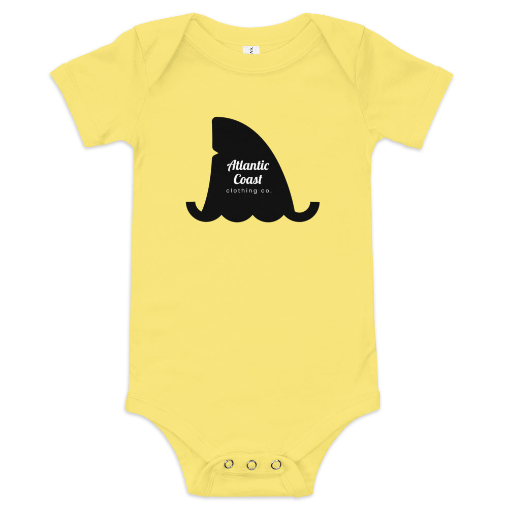 baby onesie with shark fin and atlantic coast clothing logo