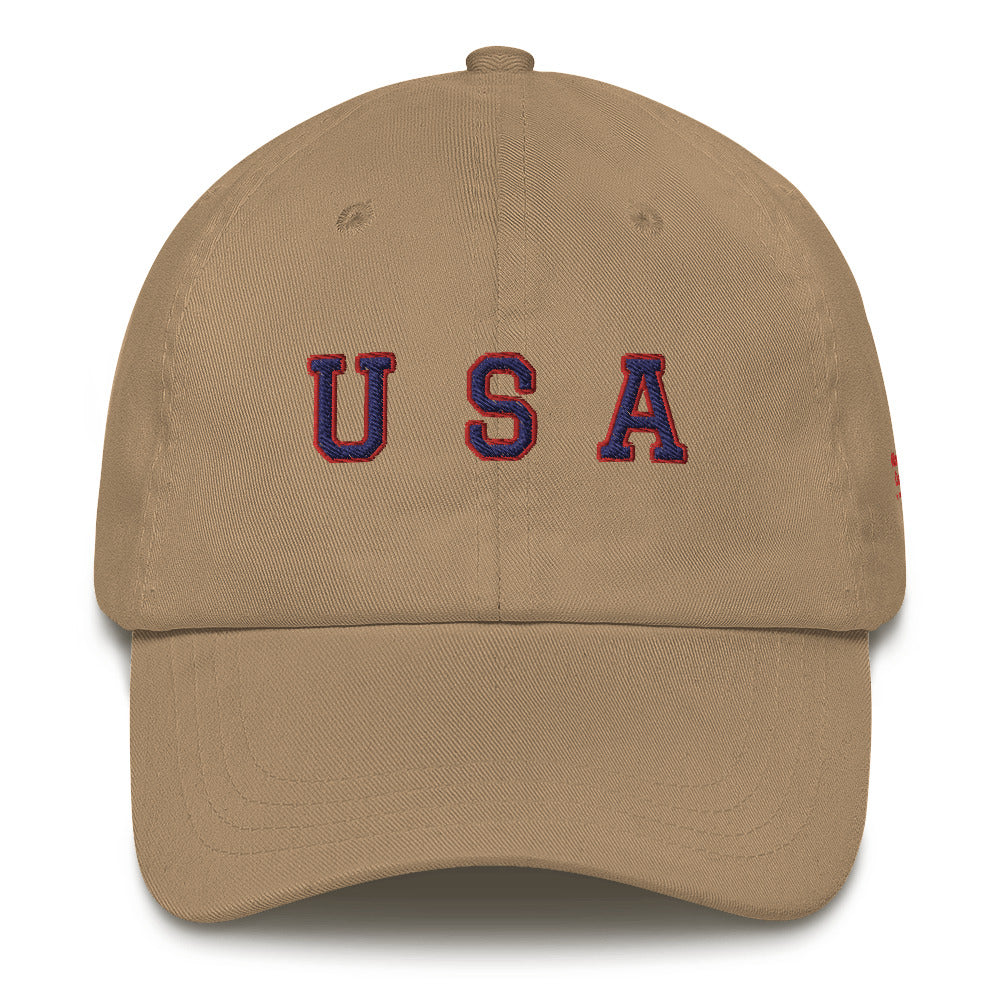 hat with "USA" text across the front in navy and red- khaki hat