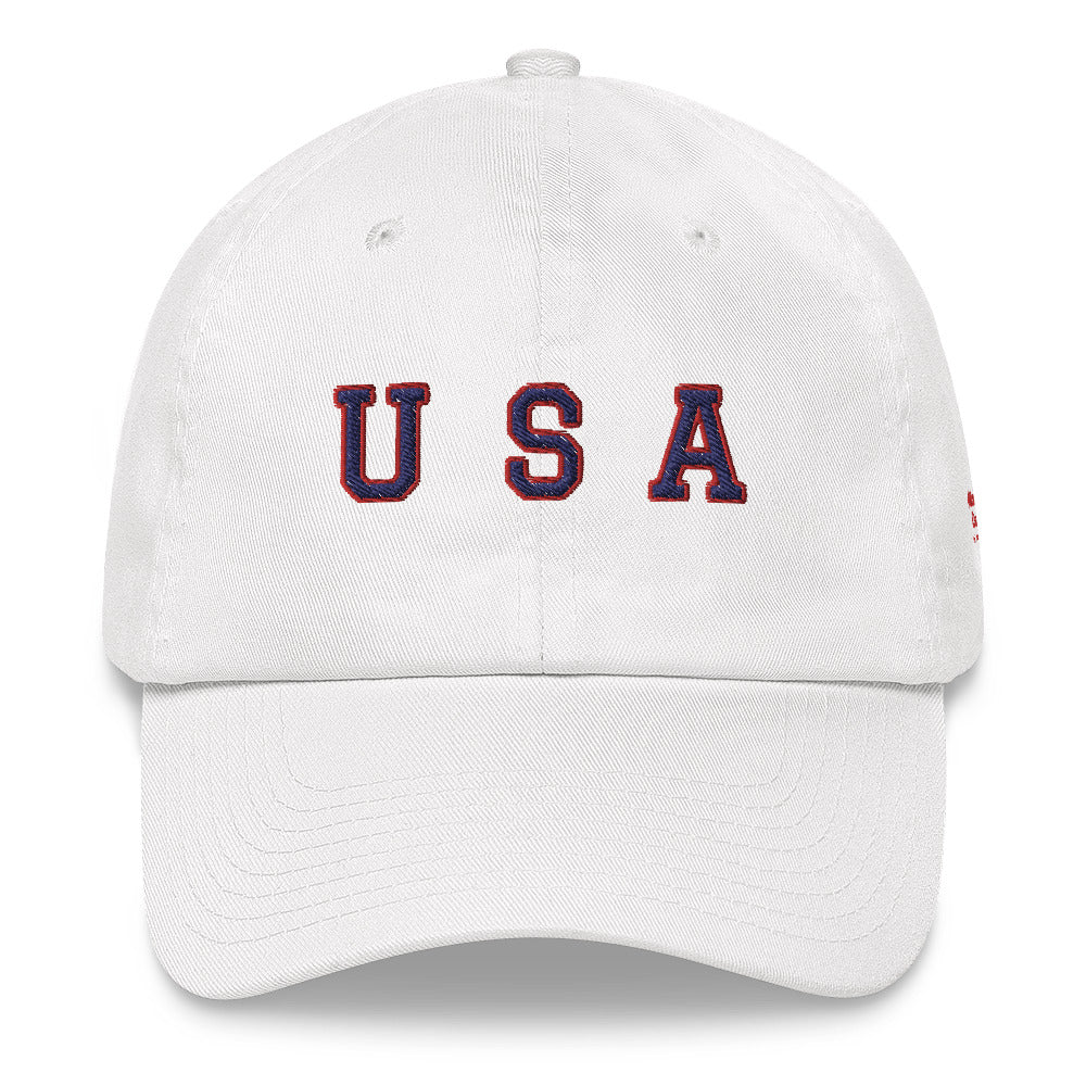 hat with "USA" text across the front in navy and red- white hat