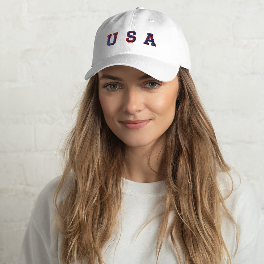 hat with "USA" text across the front in navy and red-