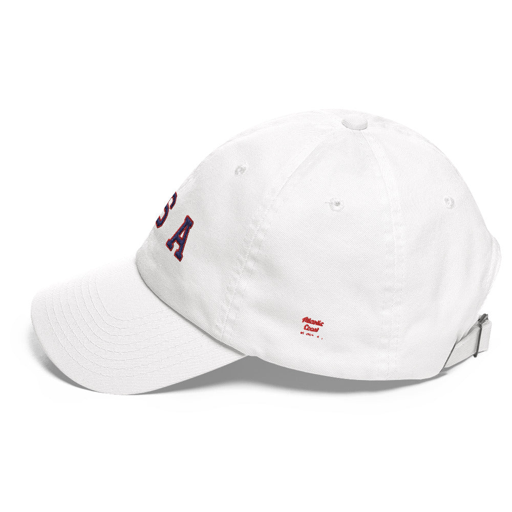 hat with "USA" text across the front in navy and red-