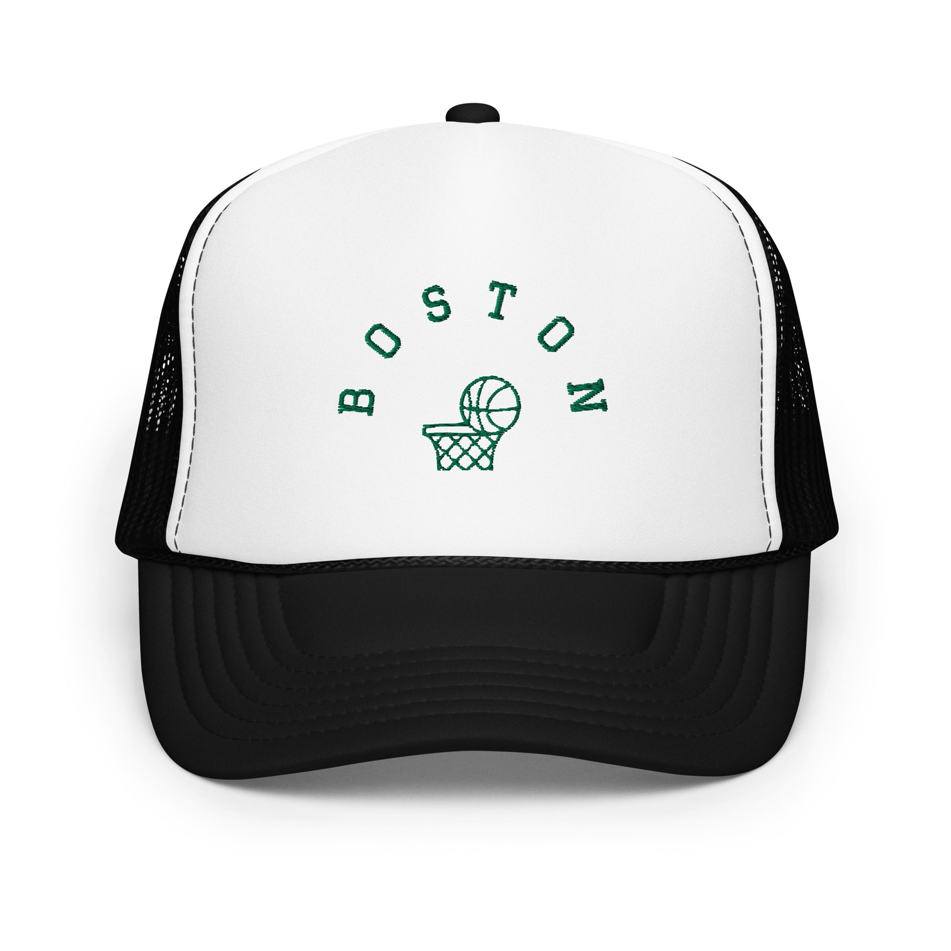 White/black trucker hat-Text "Boston" in green with image of basketball going into hoop.