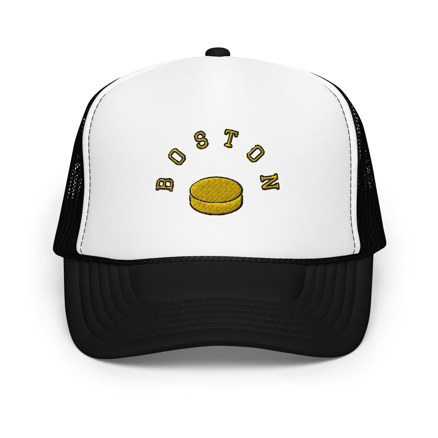 White/black trucker hat-Text "Boston" in yellow with image of hockey puck