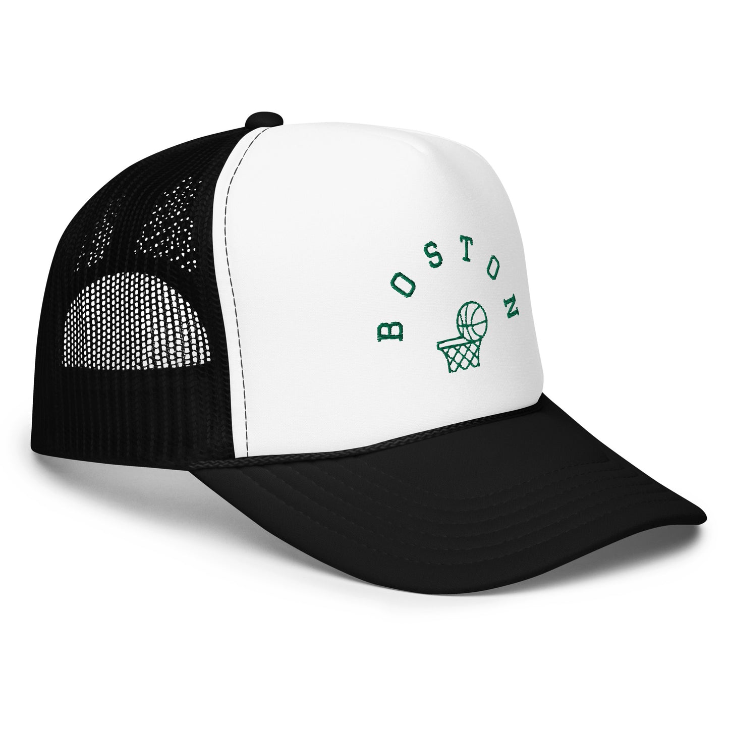 White/black trucker hat-Text "Boston" in green with image of basketball going into hoop.