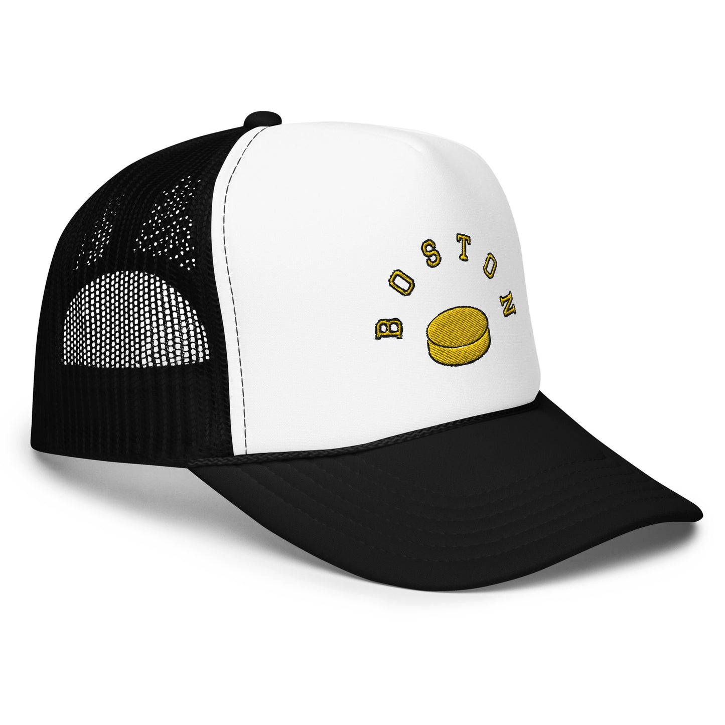White/black trucker hat-Text "Boston" in yellow with image of hockey puck