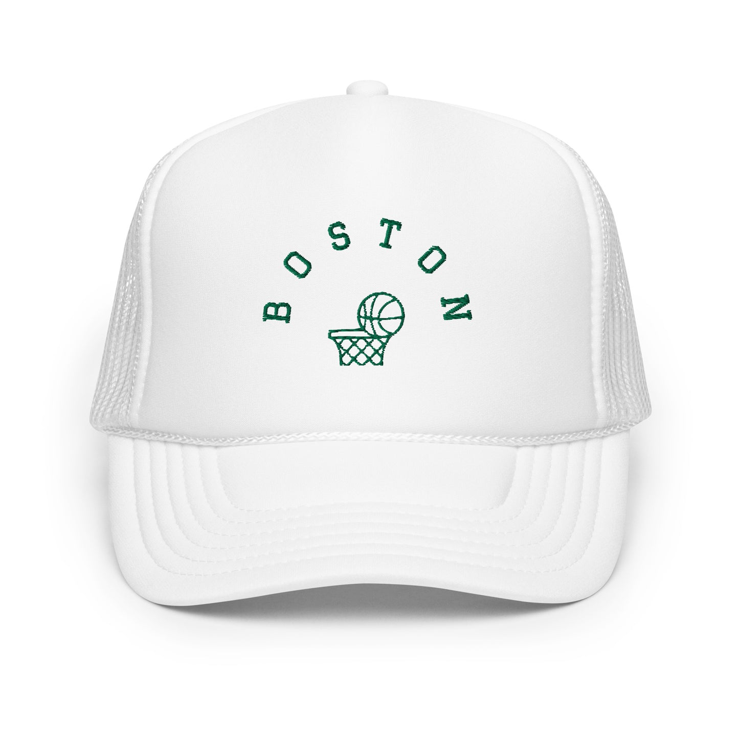 White hat-Text "Boston" in green with image of basketball going into hoop.