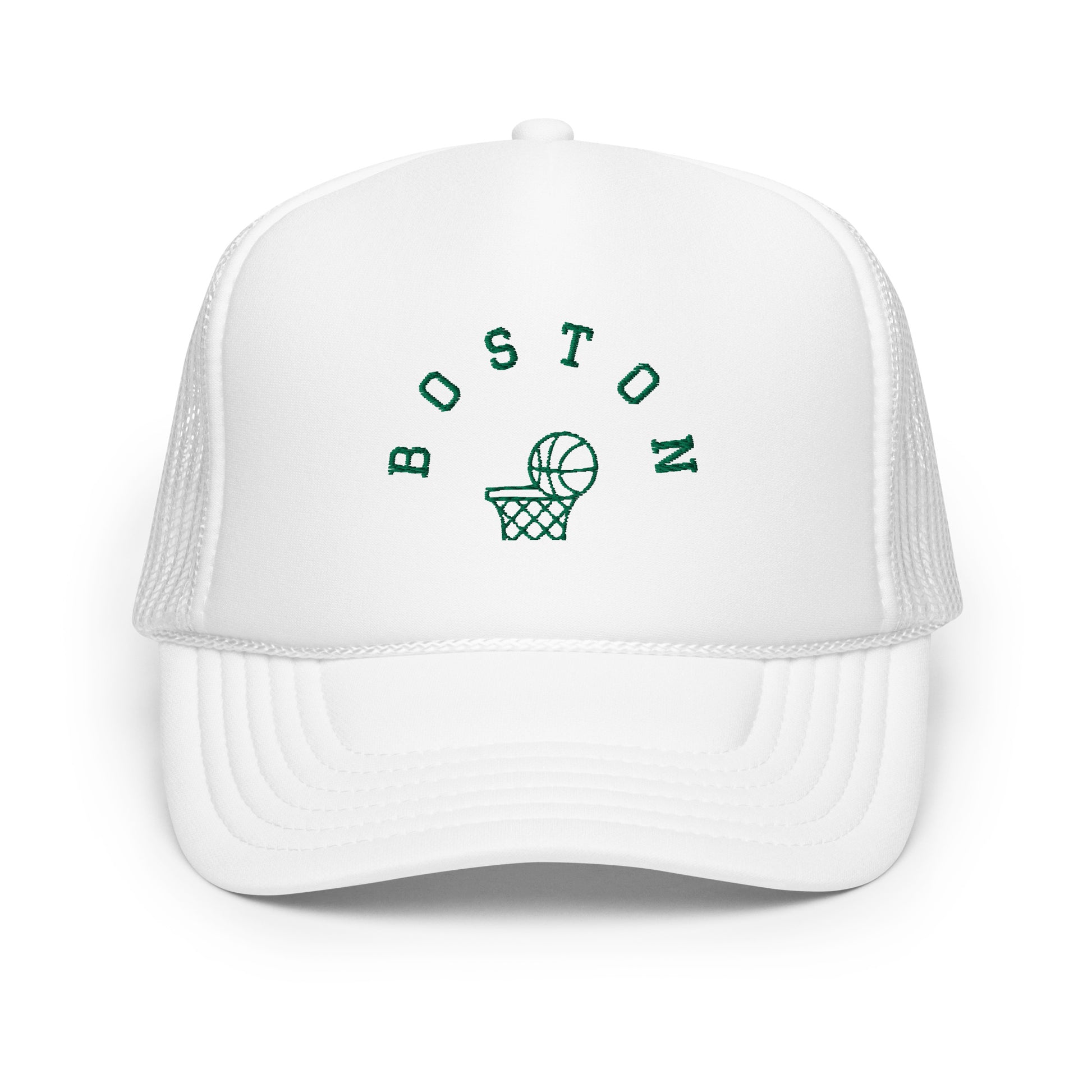 White hat-Text "Boston" in green with image of basketball going into hoop.