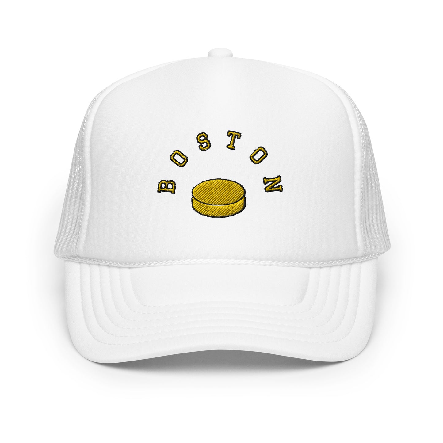 White hat-Text "Boston" in yellow with image of hockey puck
