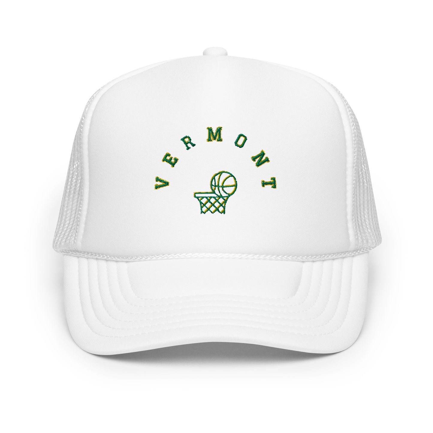 white hat with the text "vermont" in green. Image of basketball going into hoop
