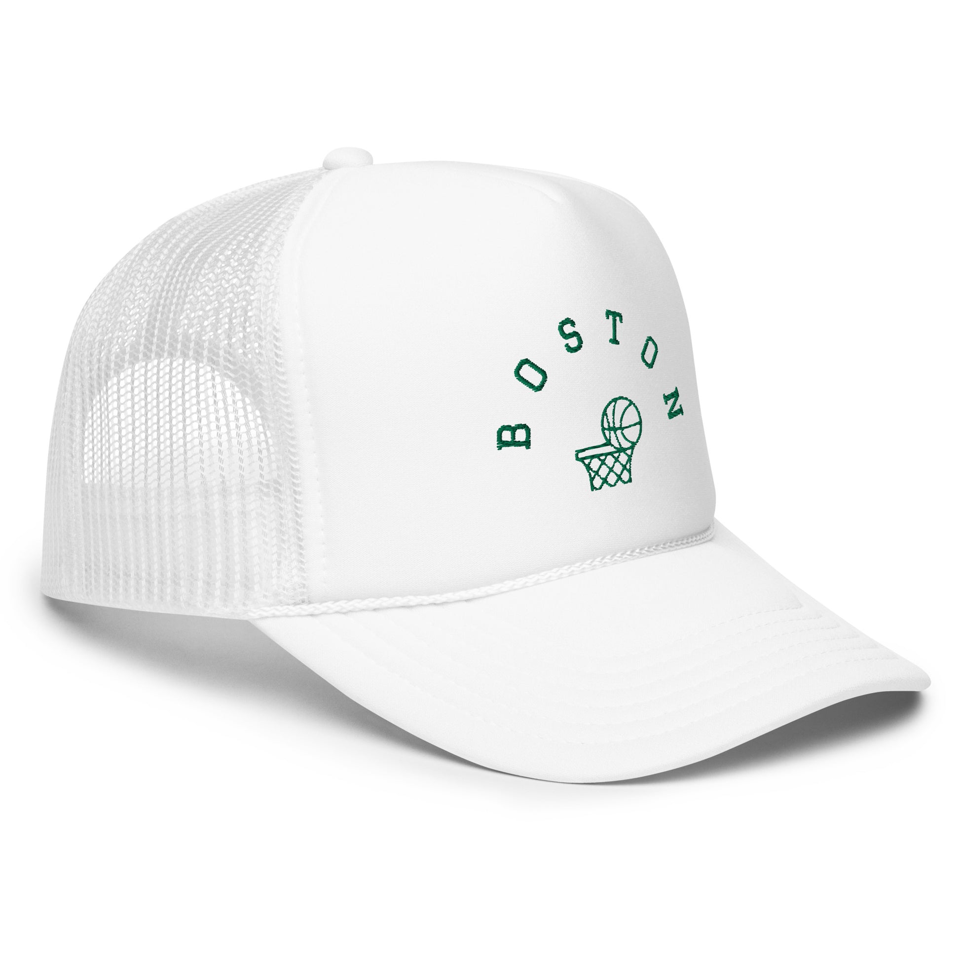 White hat-Text "Boston" in green with image of basketball going into hoop.