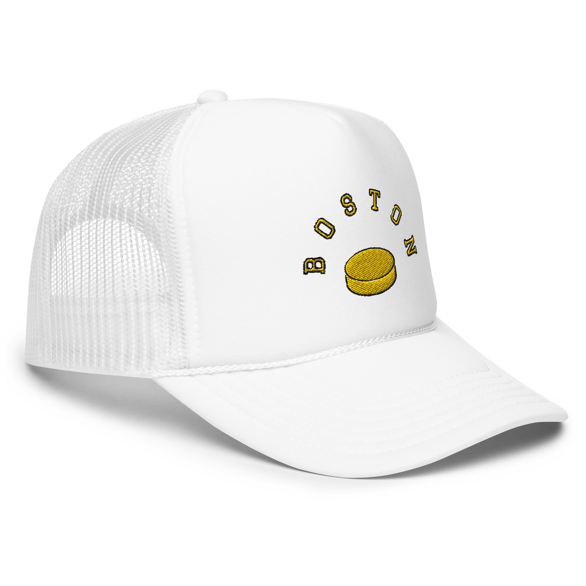 White hat-Text "Boston" in yellow with image of hockey puck