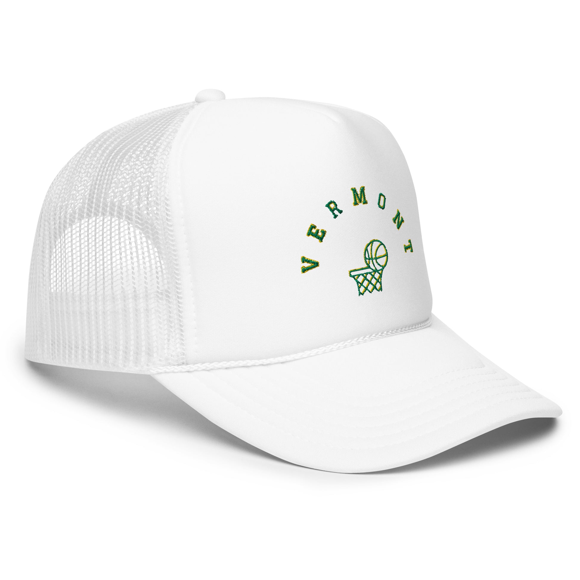 white hat with the text "vermont" in green. Image of basketball going into hoop