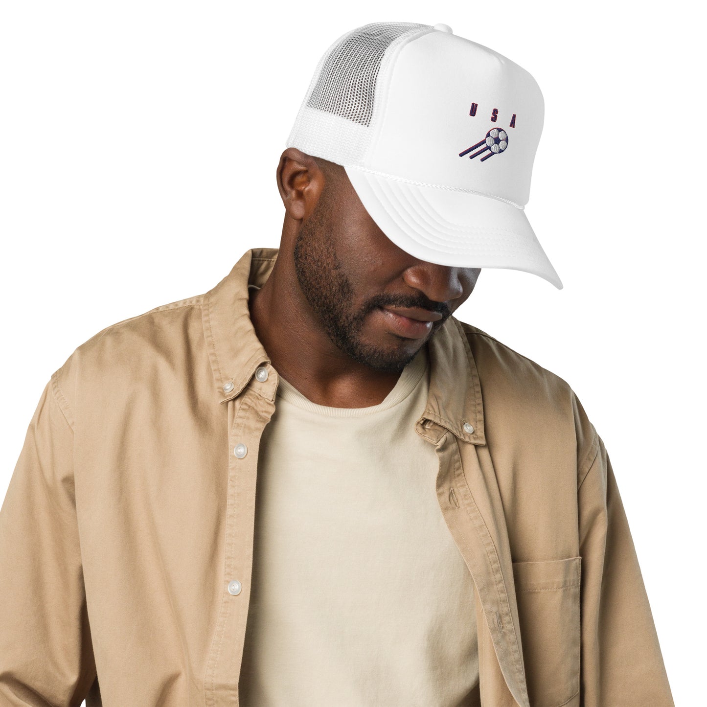 USA soccer trucker hat, white, on model