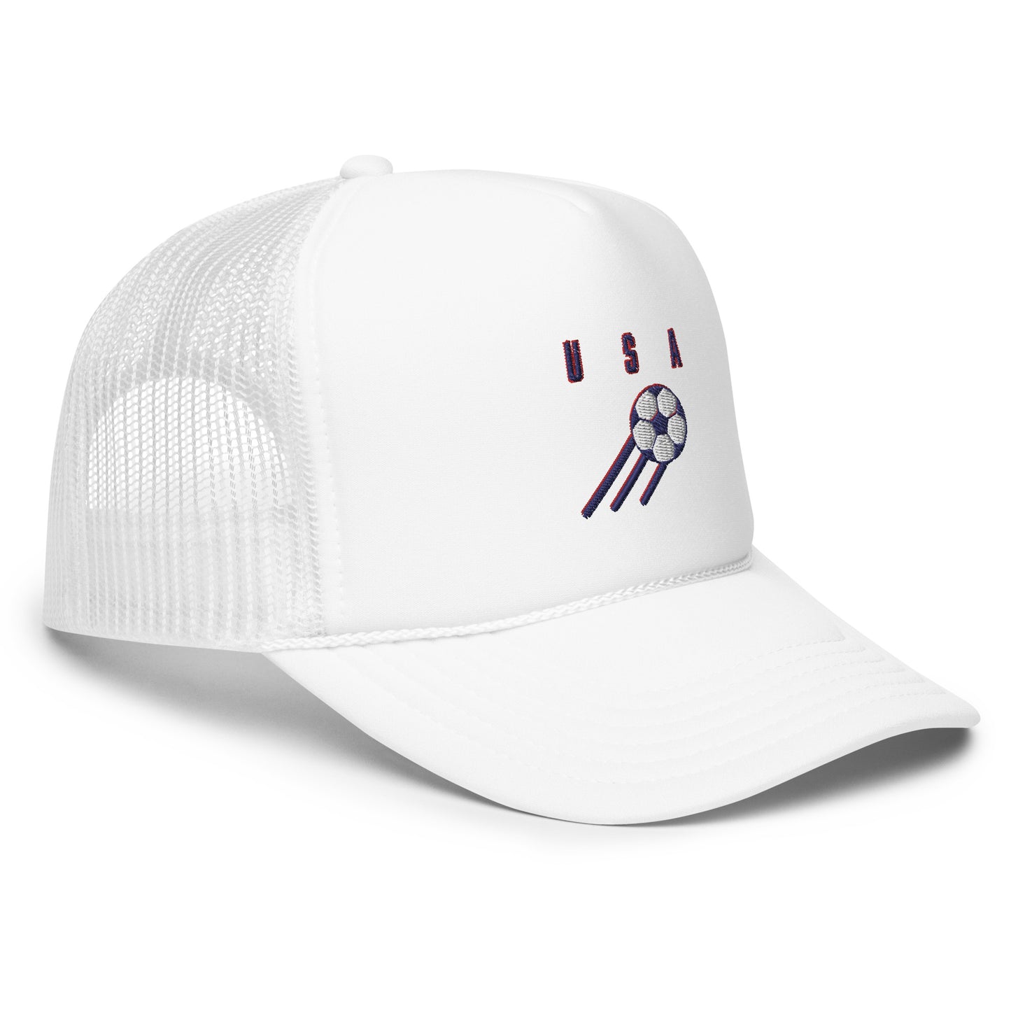 USA soccer trucker hat, white, side view