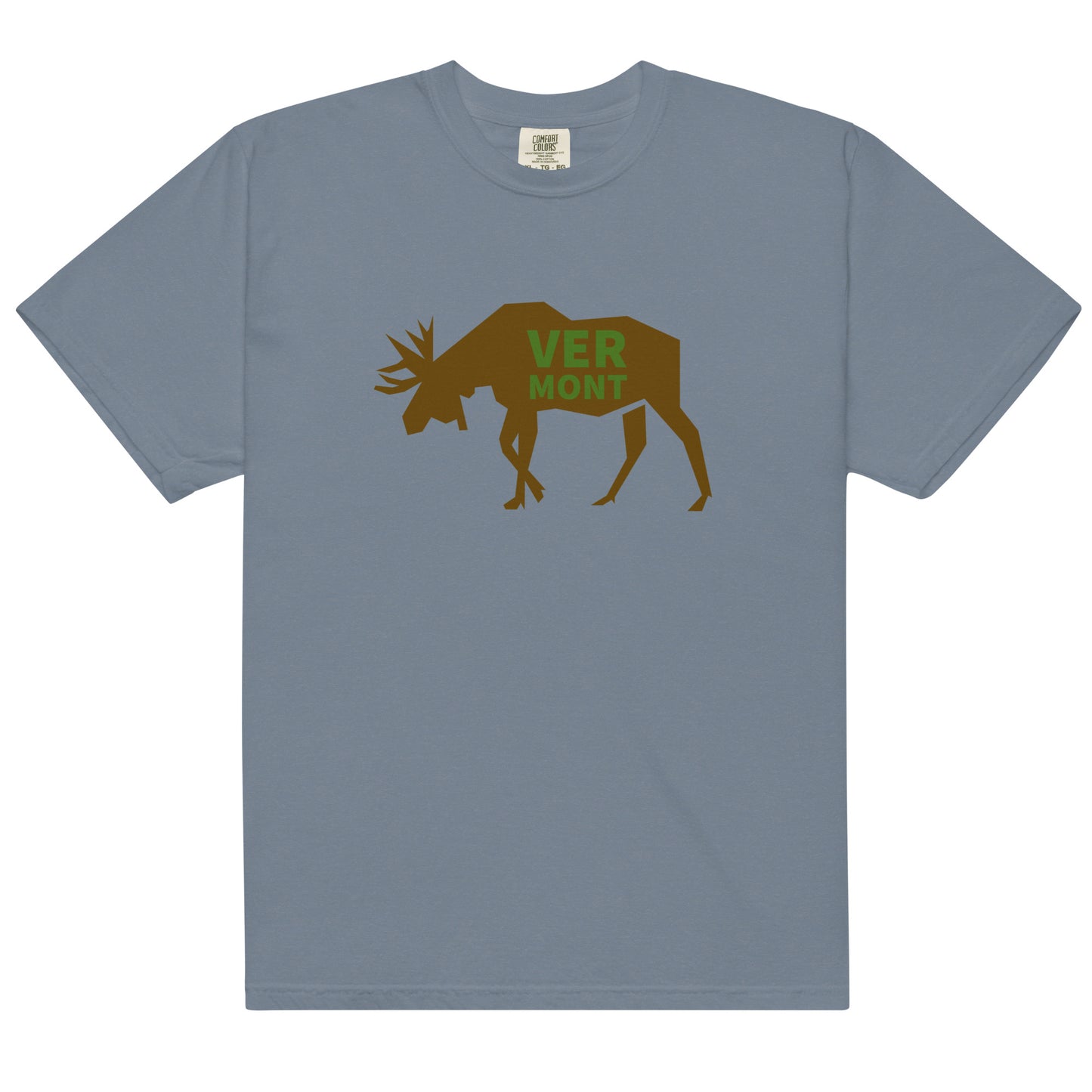 blue jean color t-shirt with the text VERMONT on top of a moose