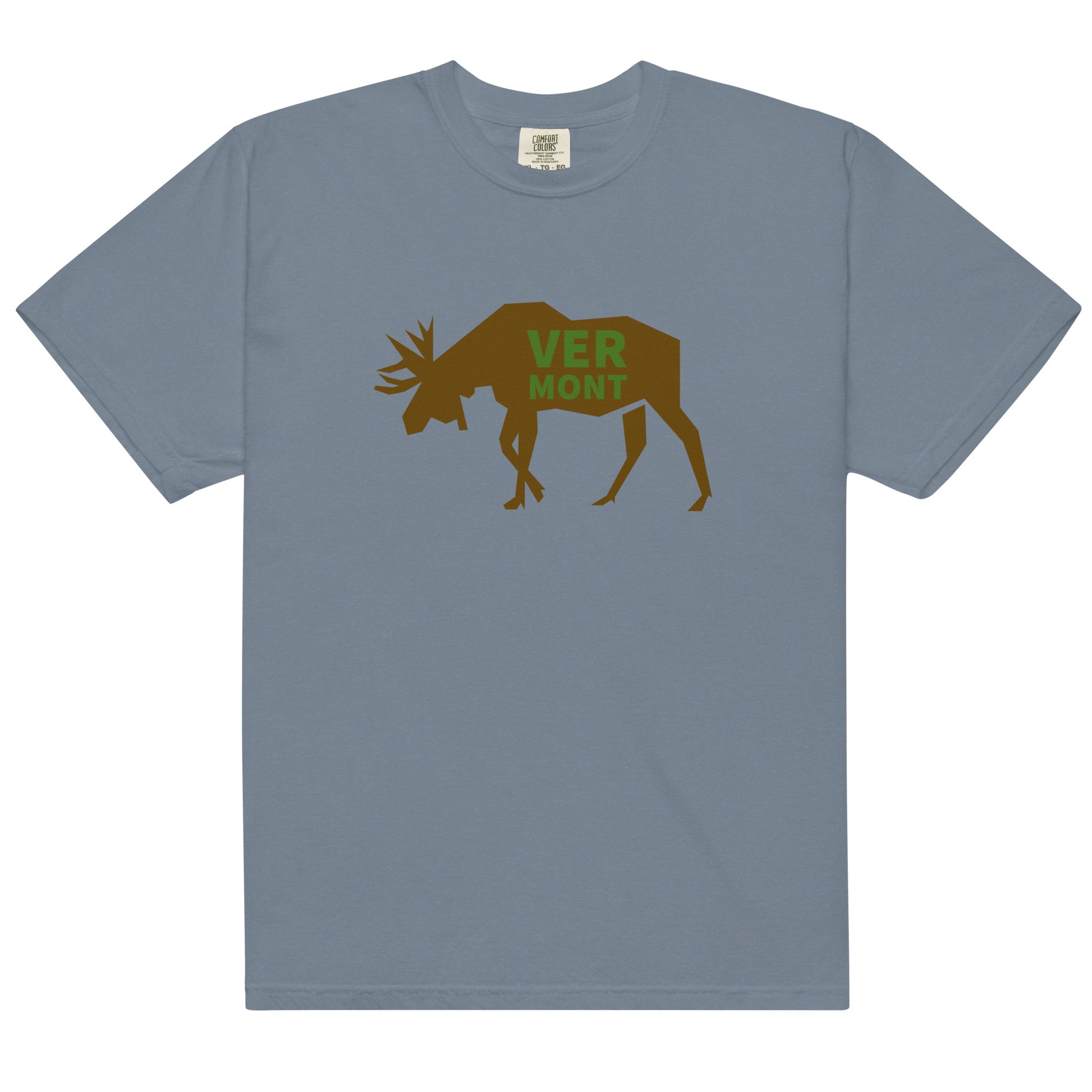 blue jean color t-shirt with the text VERMONT on top of a moose
