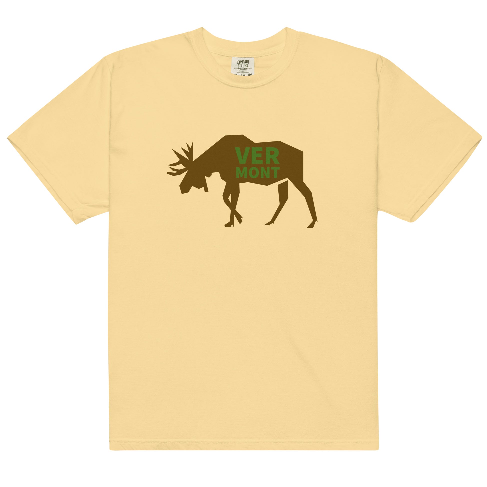light yellow t-shirt with the text VERMONT on top of a moose