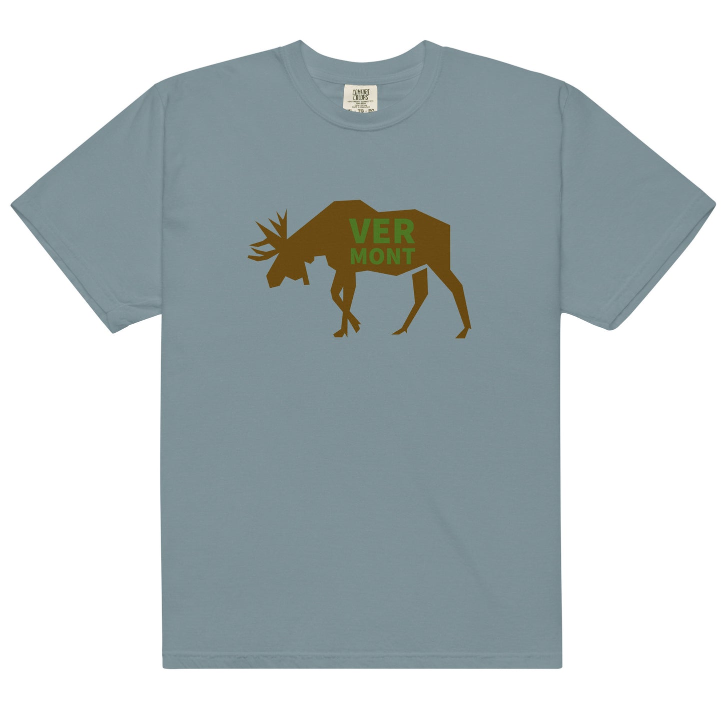 ice blue color t-shirt with the text VERMONT on top of a moose