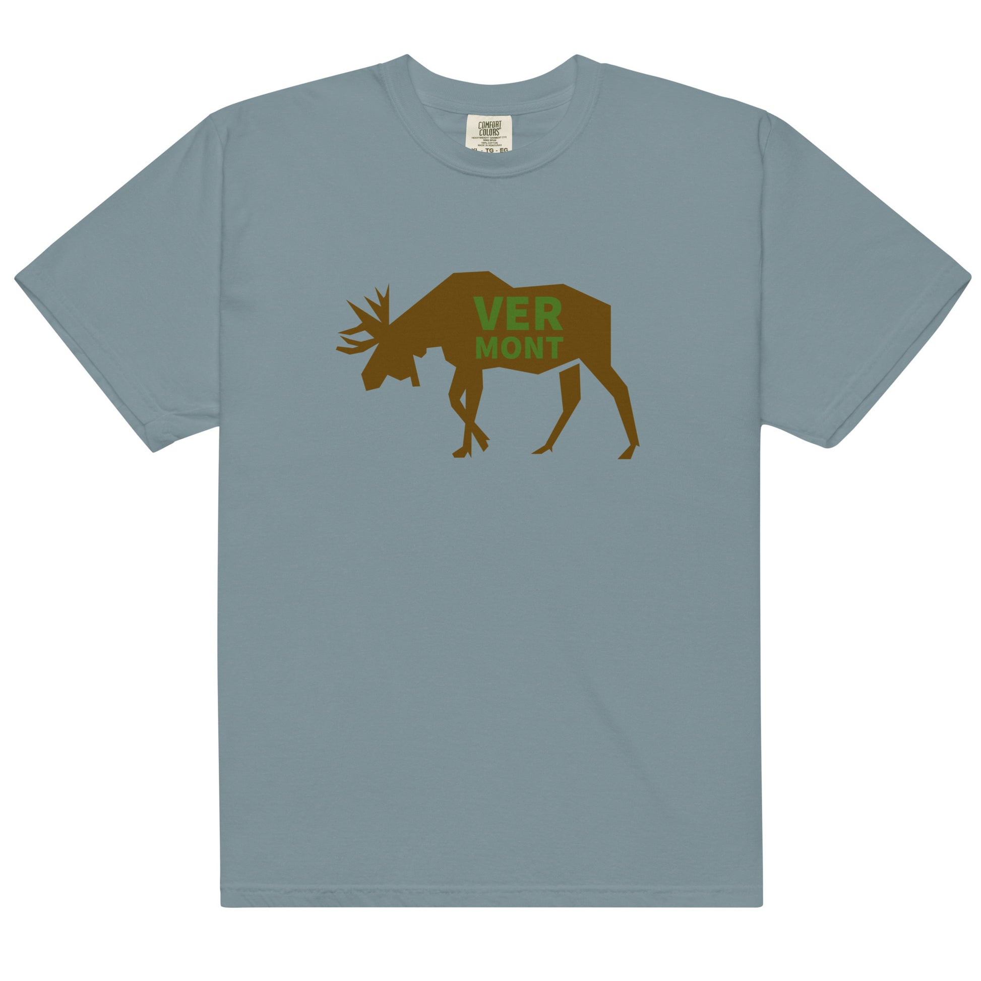 ice blue color t-shirt with the text VERMONT on top of a moose