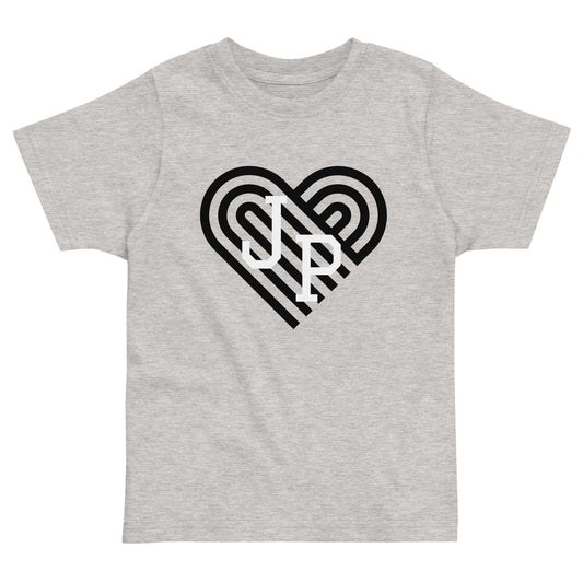 Jamaica Plain T shirt, with black heart behind "JP" letters in white. The shirt is grey.