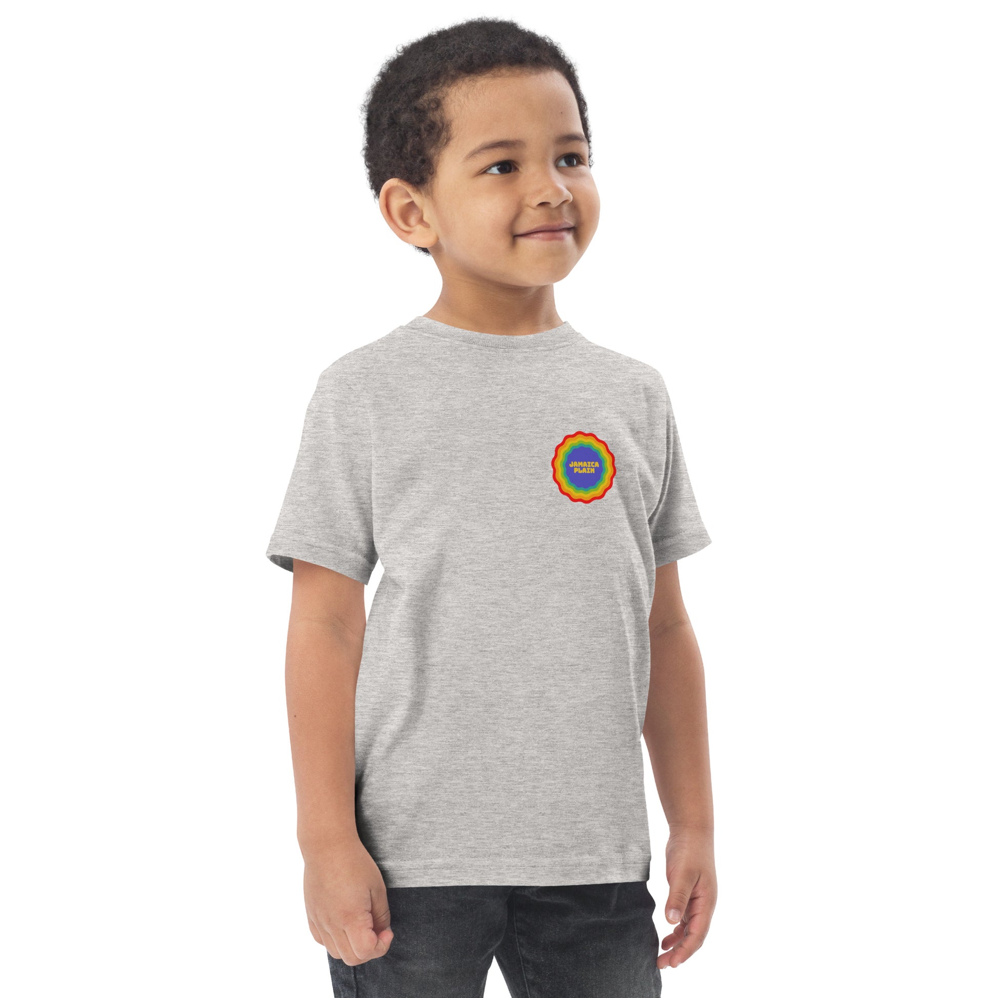 Jamaica Plain, Boston in a rainbow badge, grey, on model