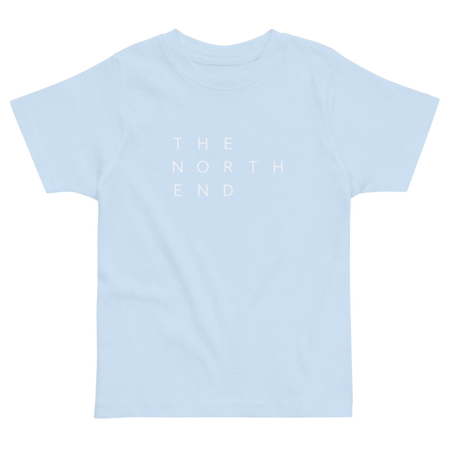 light blue t-shirt with the text "The North End " in white.