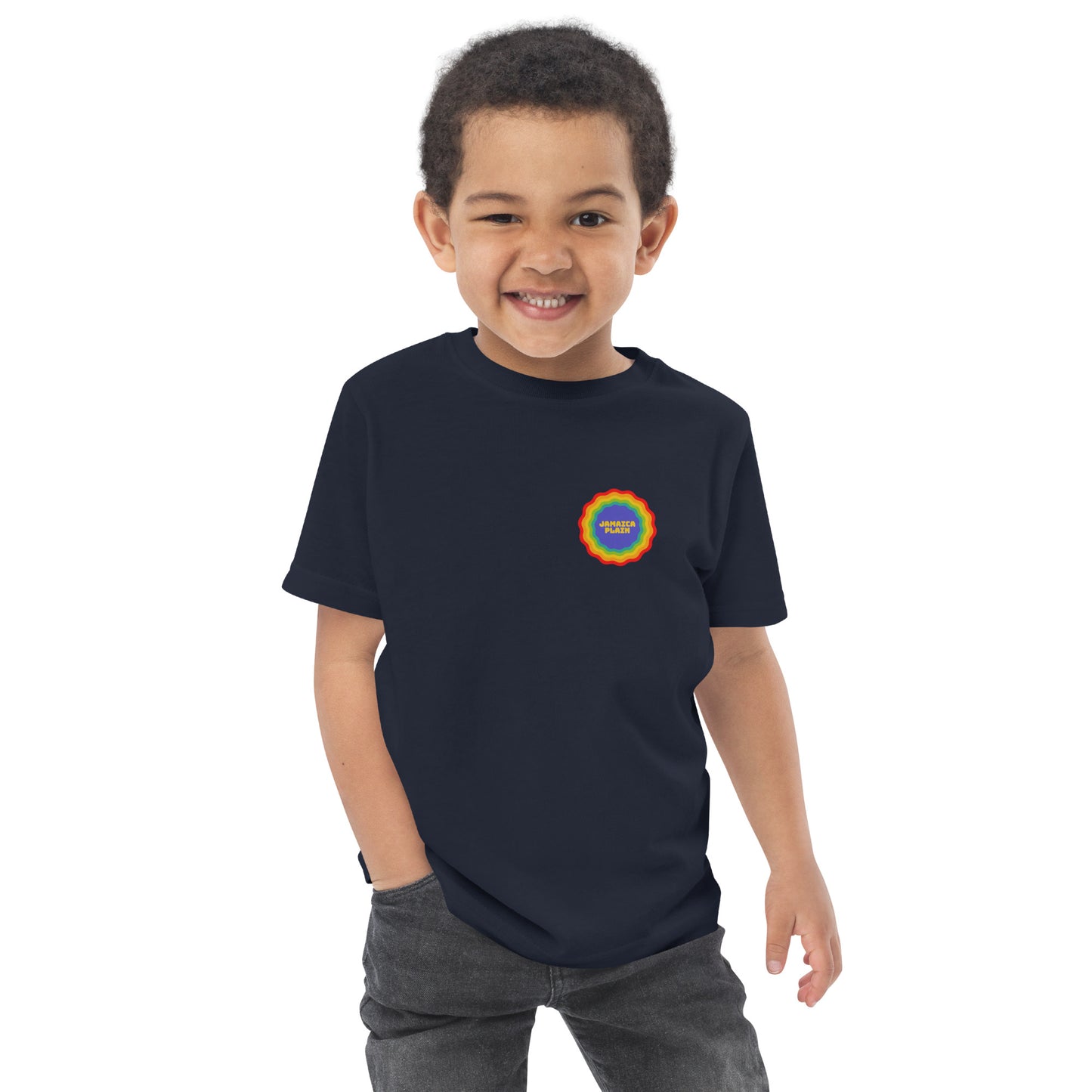 Jamaica Plain, Boston in a rainbow badge, blue, on model