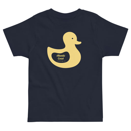 t-shirt with yellow duck image on front. Text in yellow that says "Atlantic Coast Clothing Co"-navy shirt