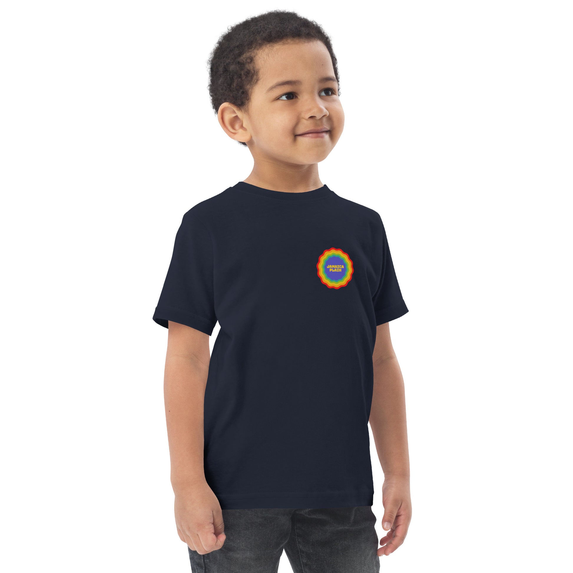 Jamaica Plain, Boston in a rainbow badge, blue, on model
