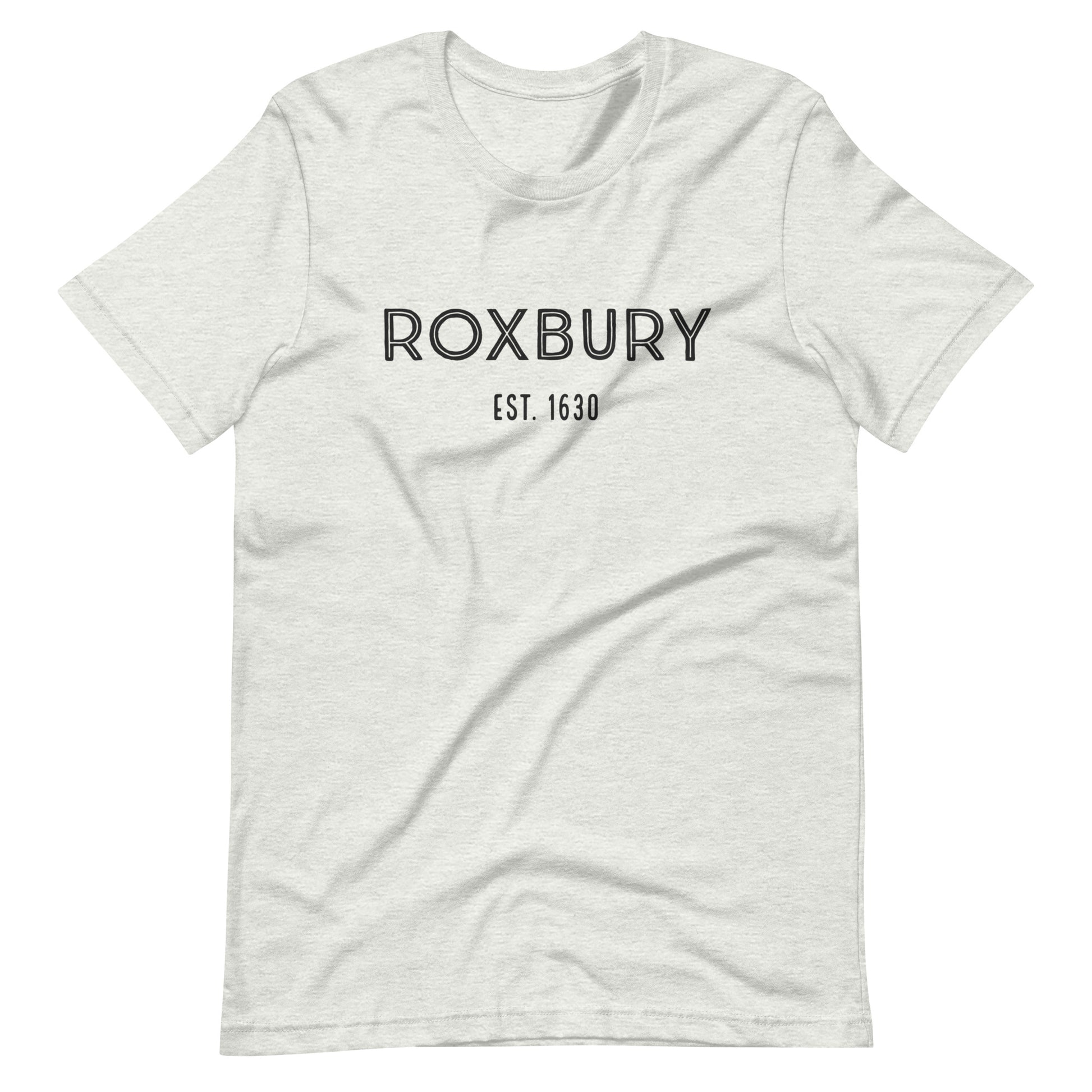 Roxbury t shirt, based on the neighborhood in Boston, MA; ash