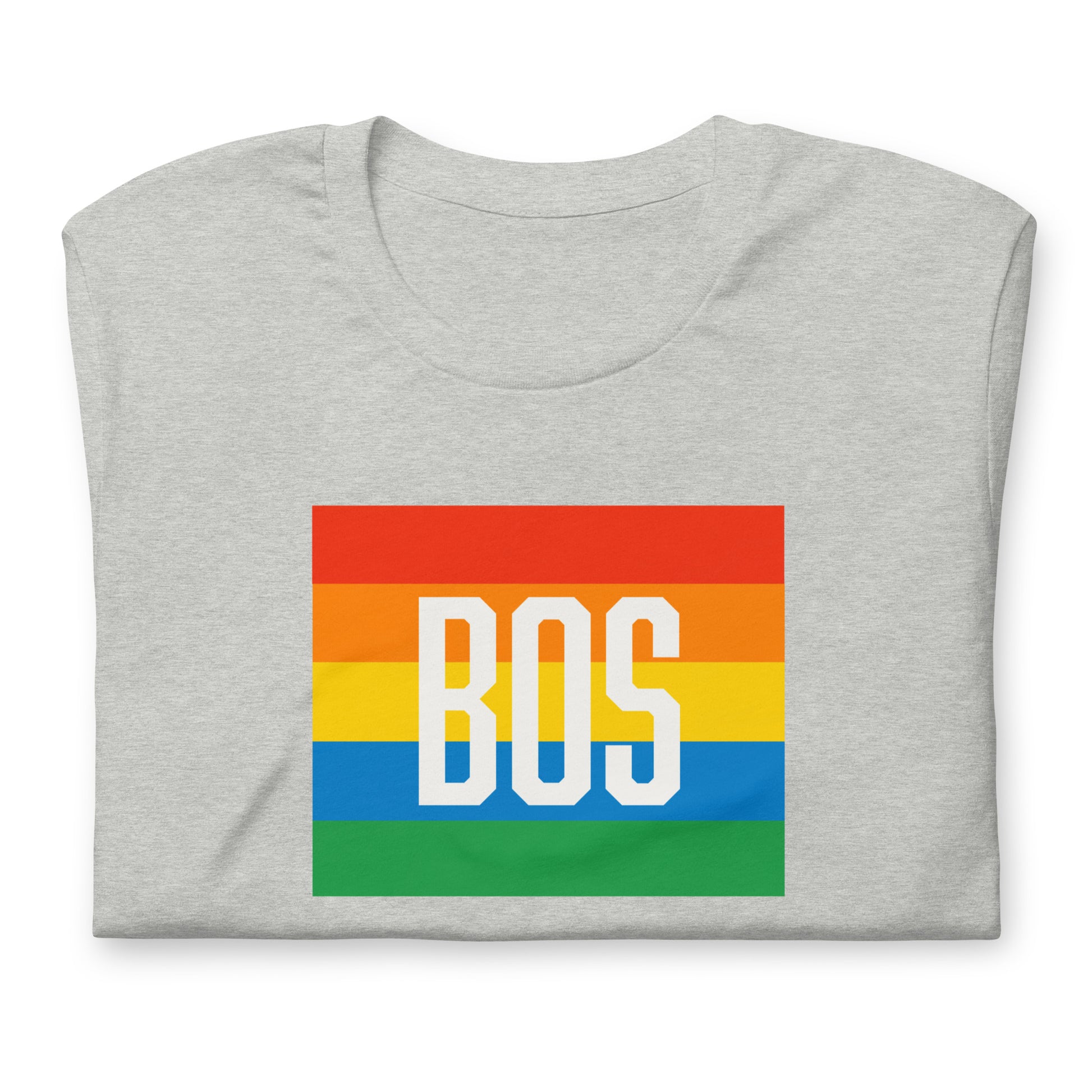 Boston t shirt, rainbow square behind BOS abbreviation, grey shirt, folded