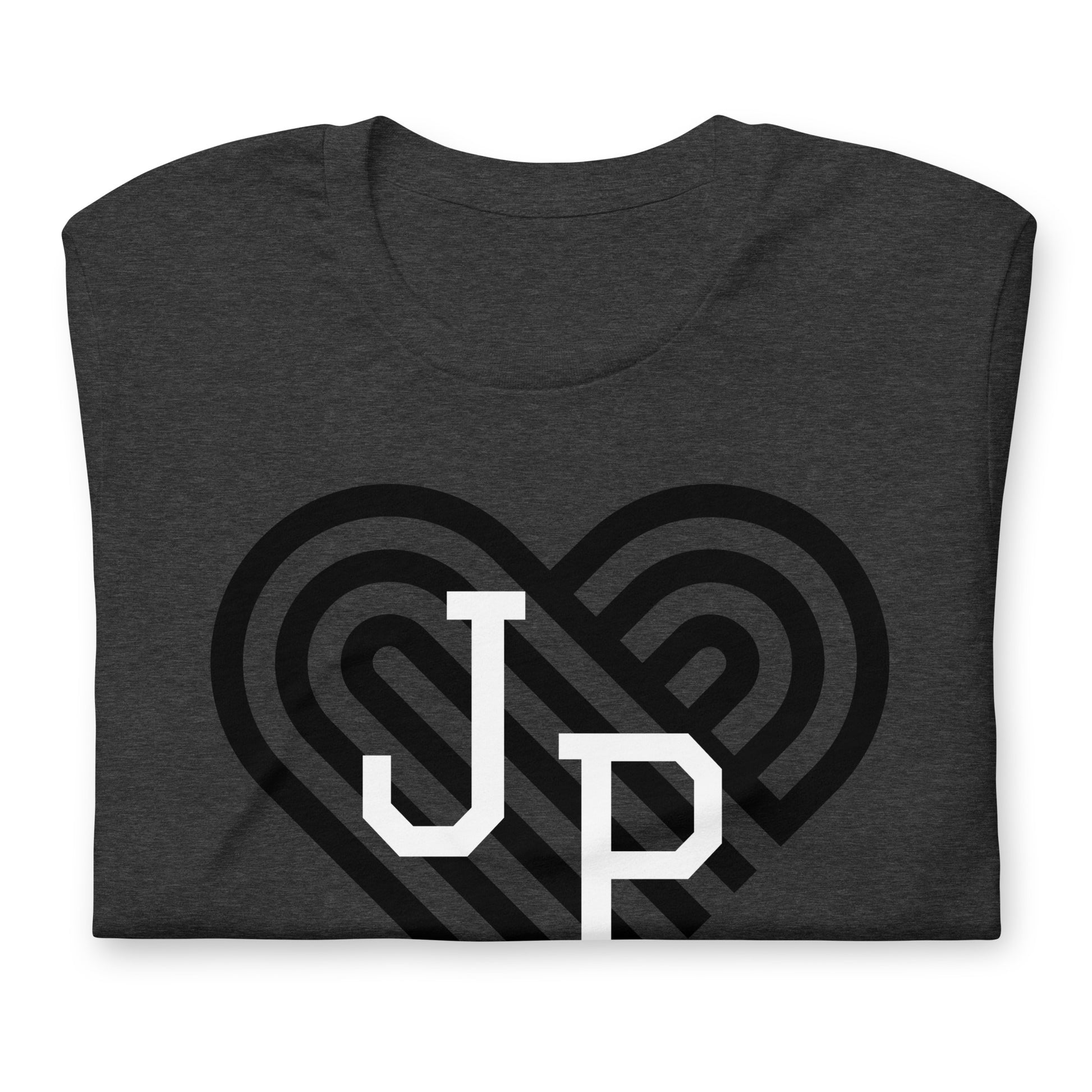 Jamaica Plain t shirt, with black heart behind "JP" letters in white. The shirt is dark grey, folded.
