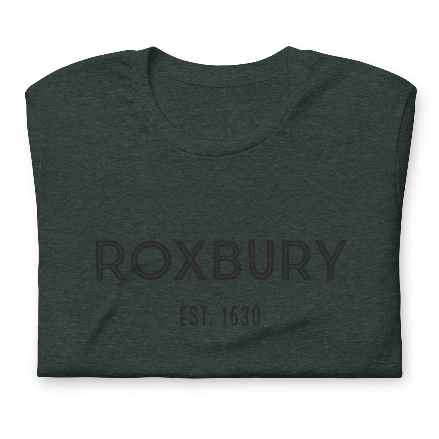 Roxbury t shirt, based on the neighborhood in Boston, MA; forest green